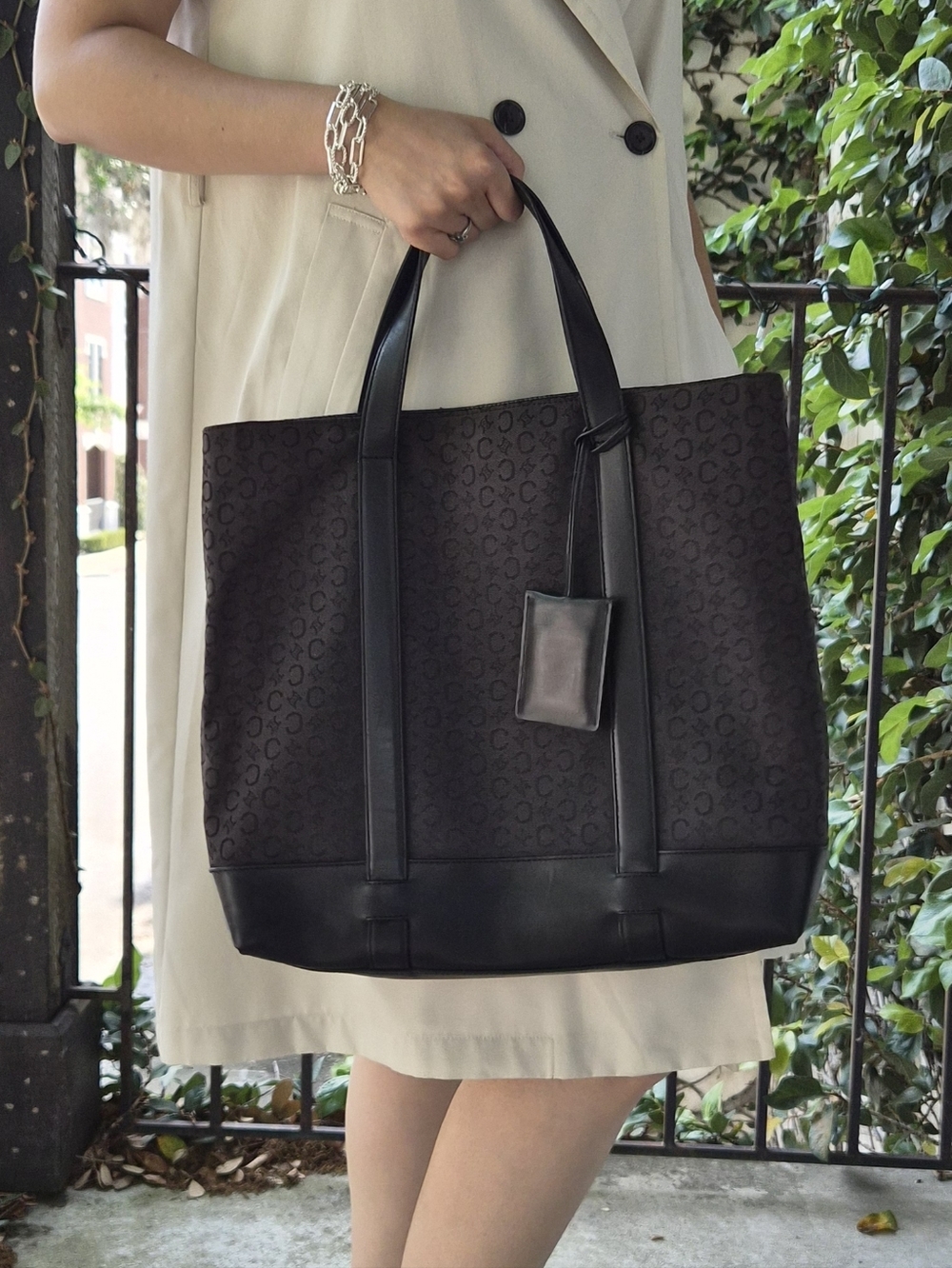 Celine Macadam Canvas Tote Bag – Black/Brown | Made in Italy | Leather Trim